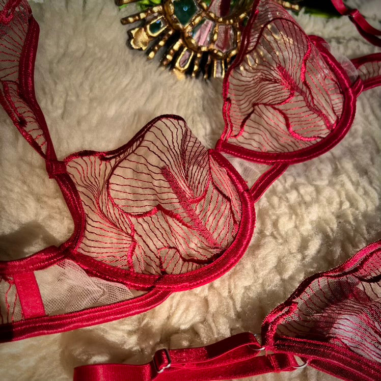 Detalle de costuras y textura del encaje del conjunto Dora rojo