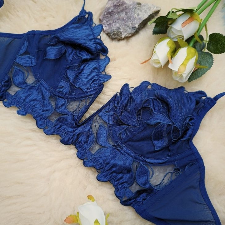 conjunto lenceria azul 2 piezas encaje floral producto